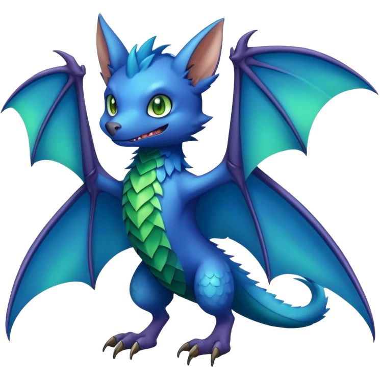 Cute cool fantasy animal hybrid bat-Sergal-Digimon-Fakemon full body, green scales, brown eyes, blue feathers emoji