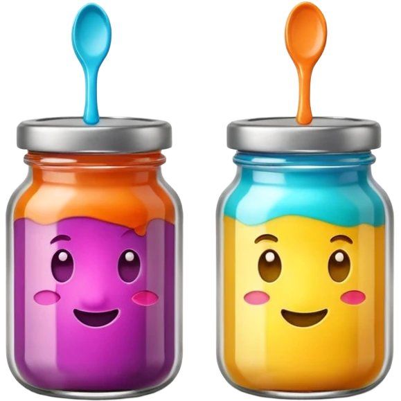 two small glass jars with metal lids filled with colorful purée no label or extras soft lighting subtle shadows emoji scale emoji