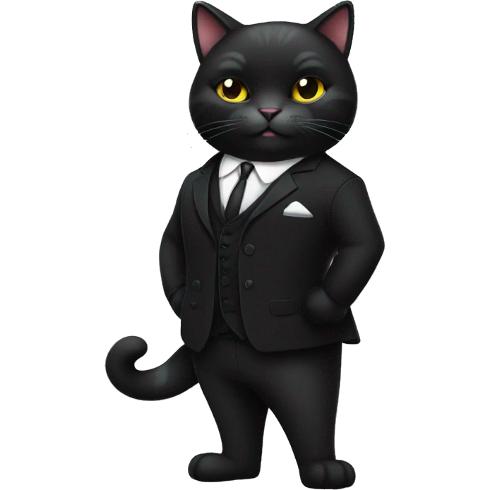 Mafia cute and cool chubby black cat in a black  formal cassic suit emoji
