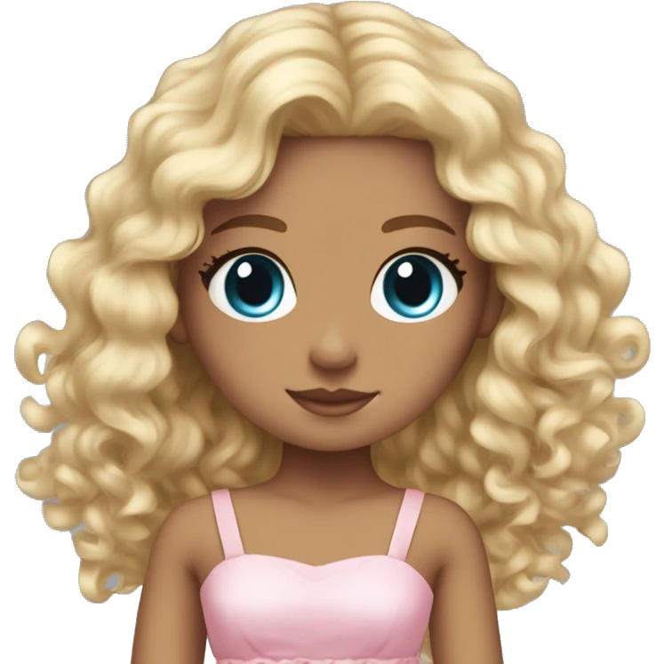 Tan skin, ocean blue doll eyes, blonde curly long hair, feminine, pink dress, girl, angelic emoji