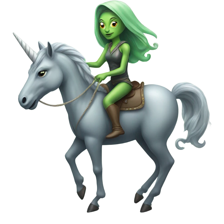 a green amazon alien woman on a grey unicorn emoji