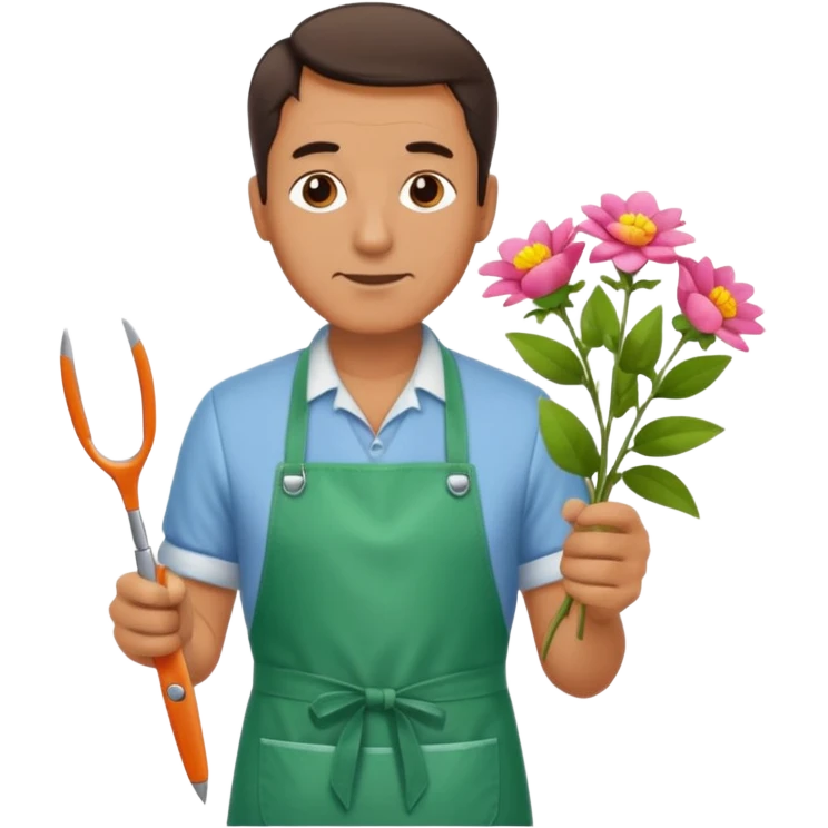 Middle-aged male florist – apron on, trimming stems with scissors emoji