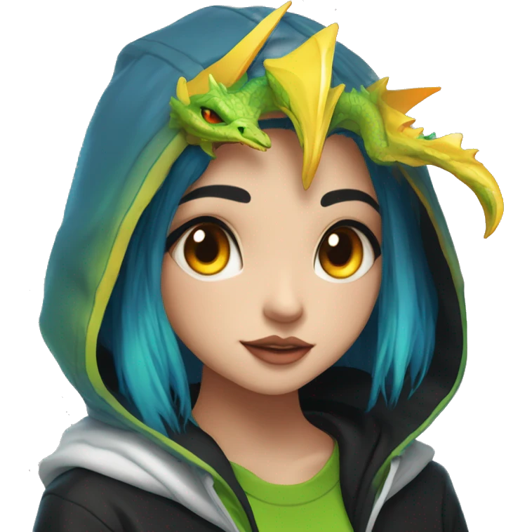 Lady with brunette and iridescent blue hair, gold, lime green dragon wings, black hoodie, bleach dyed, black and gold Nike t shirt, and bright red eyes emoji
