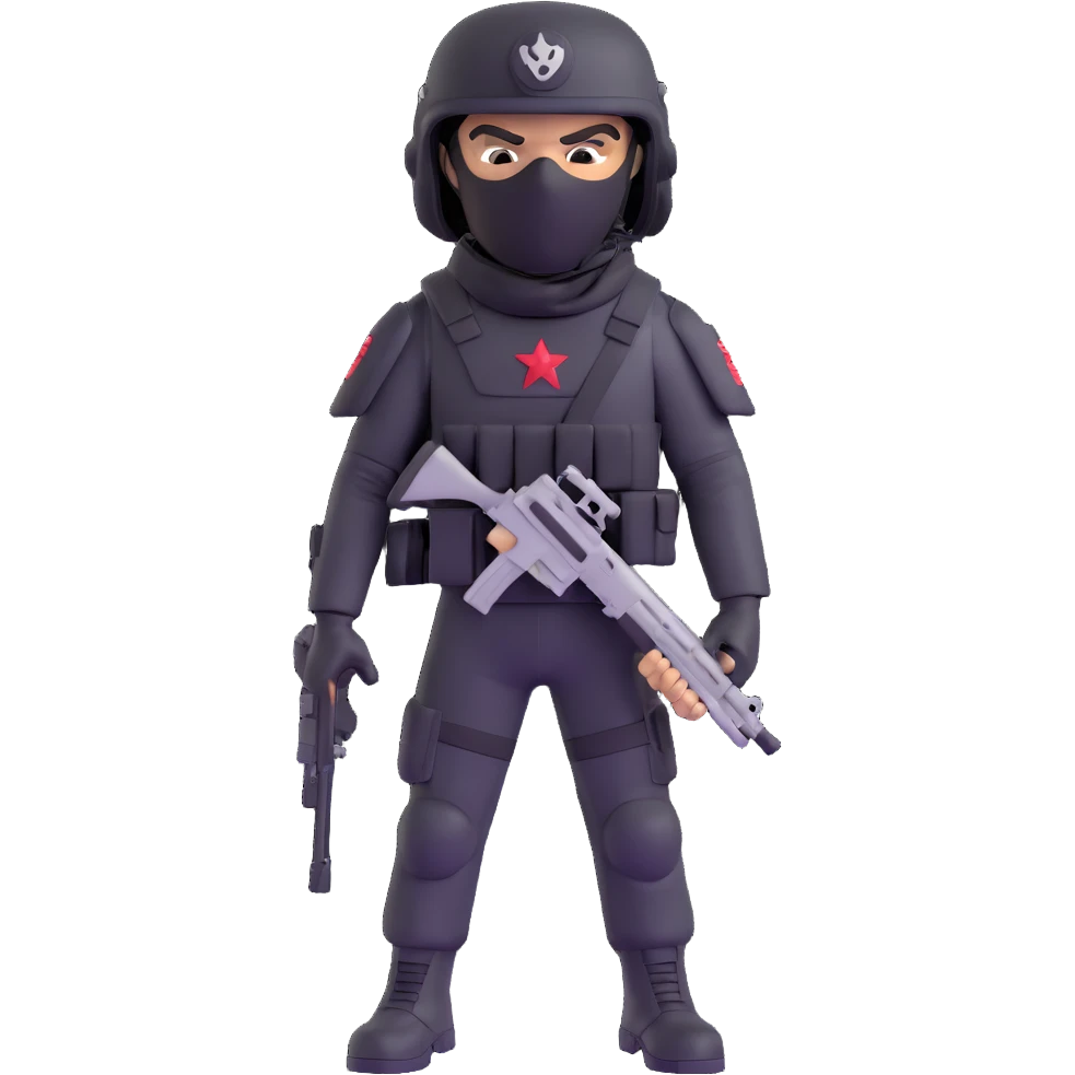 armed figure in all-black military clothing, shiesty mask, and helmet emoji