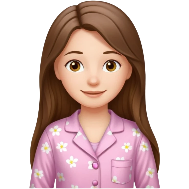 happy white long brunette hair girl with hazel eyes and in light pink pajamas emoji