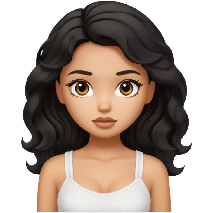 a pretty bratz tan girl with wavy black hair wearing a white cami top. Skintone is tan emoji
