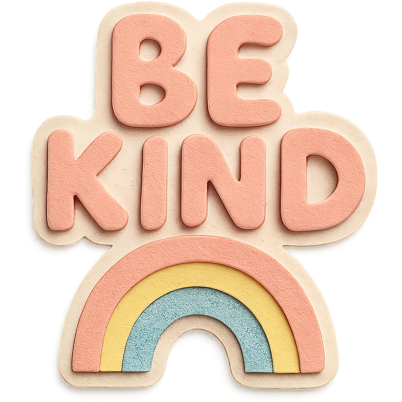 "Be Kind" in whimsical bubbly hand lettering, soft pastel rainbow, cute positive sticker, high resolution, transparent background emoji