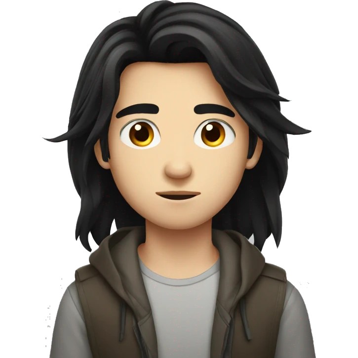 european teenager boy long black hair serious face emoji