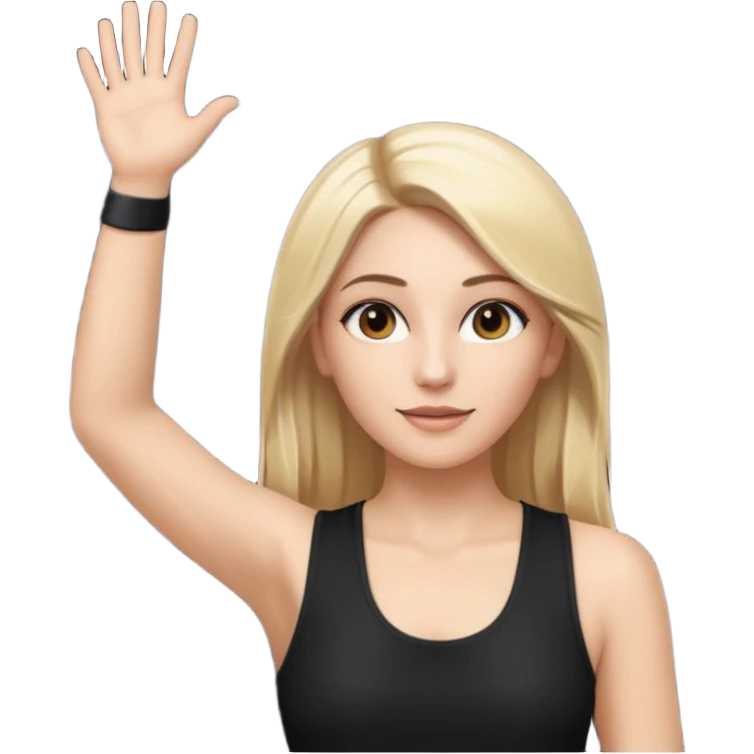 I want a white female dj animated gif emoji with long straight centre parting blonde hair, brown eye brows and putting hands up in the air. Wearing a black tight top with no sleeve emoji