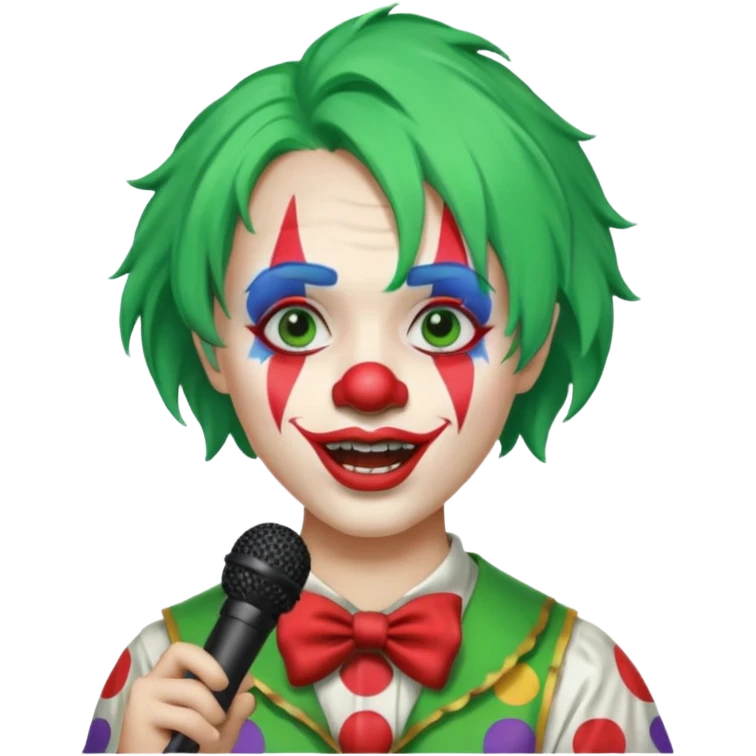 green haired, clown face painted, holding microphone, singing emoji