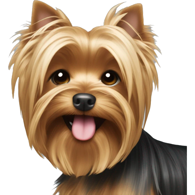 Yorkshire Terrier, very longe hair covering his eyes, smiling, tongue out emoji
