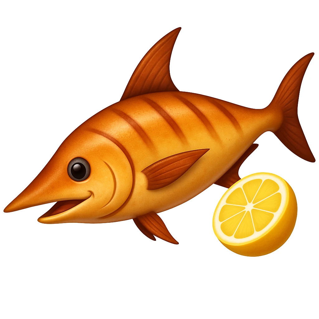 Add a prominent sword-like bill to the cooked swordfish with lemon slice, emoji style. Keep the cooked look, no garnish. emoji