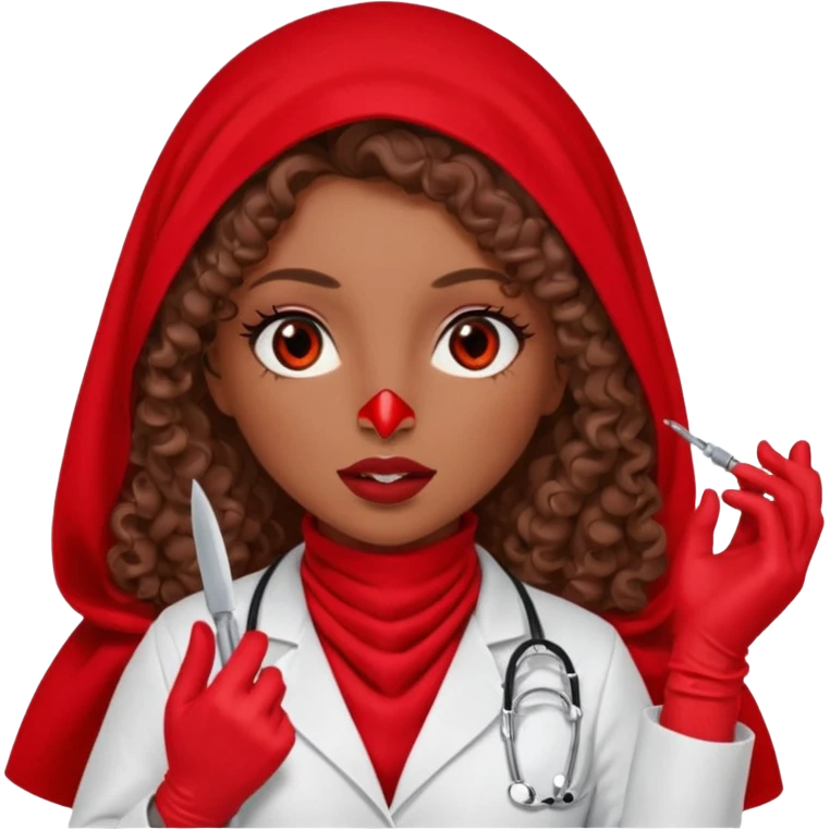 Lilith scalpel in hand, evil surgeon sexy surgeon clothes.  She has red eyes. She brown long curly hair. Wears sexy doctor outfit with red gloves. Covers mouth necknose with red burka to hide her identity emoji