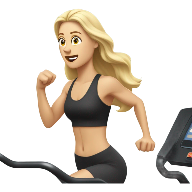 White woman, long hair, blonde hair, wavy hair, treadmill, sweating emoji
