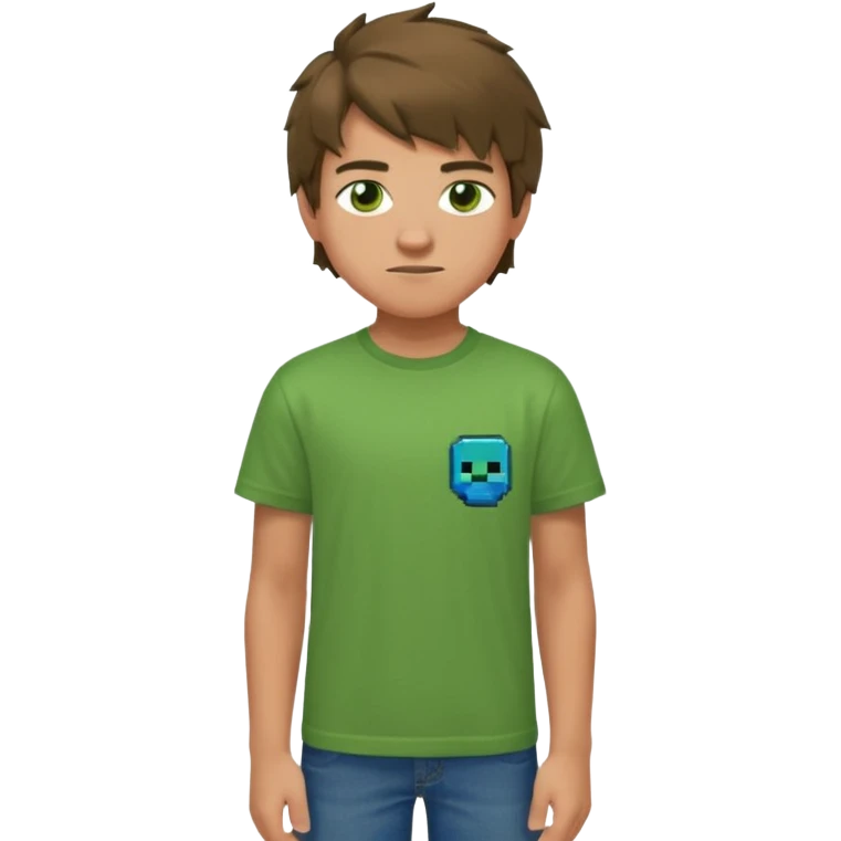 A 14 yerar old teenage boy, slightly tanned, wearing a green minecrcaft tshirt, blue jeans and green sneakers with brown tousled hair, smirking emoji
