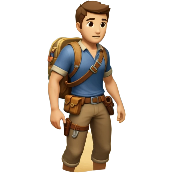 An icon representing an adventure game, inspired by titles like Uncharted 4. The design features a rugged explorer navigating through ancient ruins, with treasure maps and mysterious artifacts. A dynamic background of lush landscapes and perilous terrain highlights. Transparent background emoji