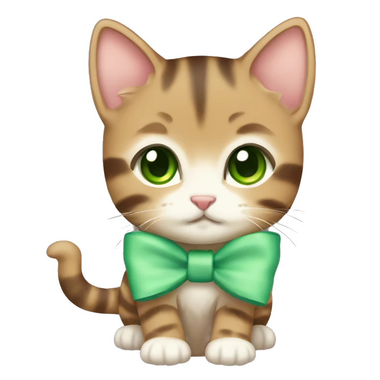 kawaii brown tabby kitten with green eyes and pastel green bow emoji