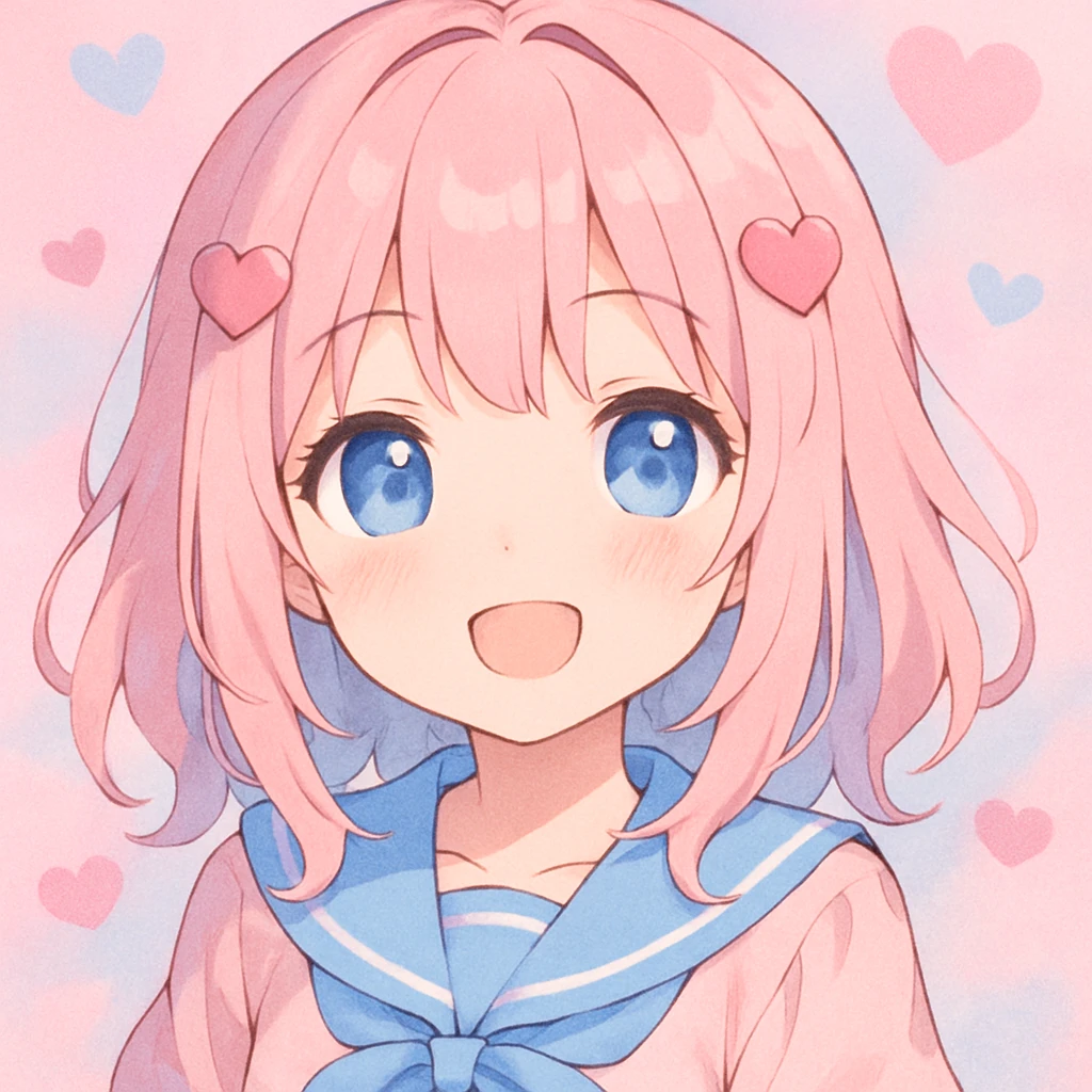 adorable anime-style girl, heart hair clips, smiling, pink and blue palette emoji