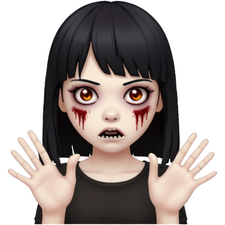 uma menina zumbi com cabelo preto e liso e uma franja. ela tem um estilo meio emo e com as mãos para frente com uma cara assustadora  emoji