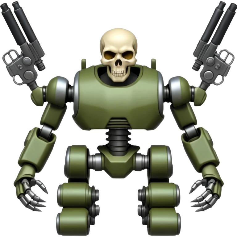 four-armed skull-headed tank mech with four mechanical arms with guns, skull head with cables, tank tread lower body, aggressive expression, shiny metal with minimal color accents, preserve all proportions, pose, and details, apple emoji style motorcycle  emoji