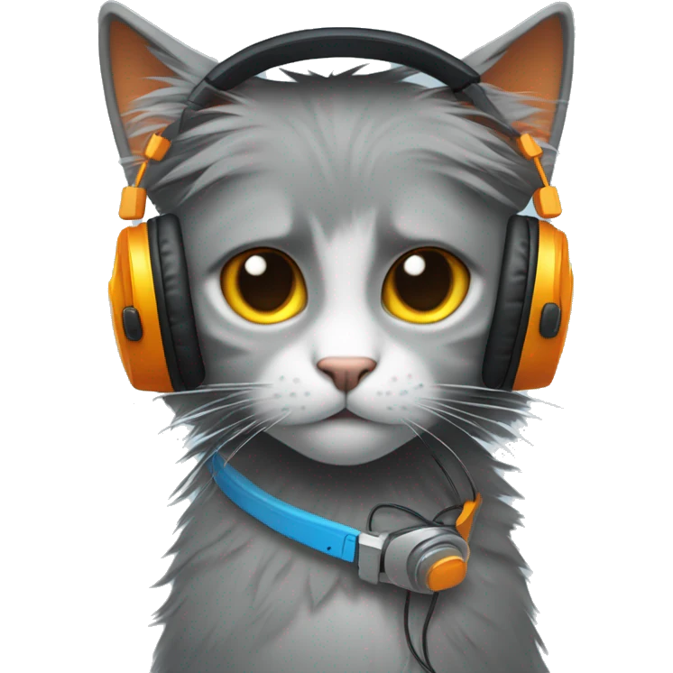 a grey anthropomorphic cat with one blue eye and one orange eye with messy black emo hair wearing yellow headphones emoji