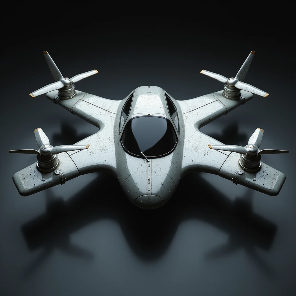 a realistic flying car with four wings: two wings on each side, and two additional wings perpendicular to each of the side wings on top, with propellers on all wings, metallic finish, detailed textures, dramatic lighting, photorealistic style emoji