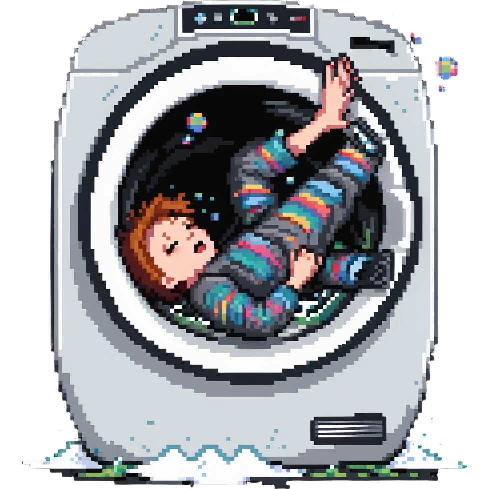 a person with neck snapping back, tumbling inside a washing machine, motion lines and bubbles emoji