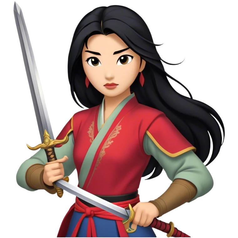 Cinematic Realistic Mulan Portrait, depicted with lifelike skin texture, soft natural lighting, and intricately detailed long black hair styled elegantly. Her deep, expressive eyes exude determination and grace, complemented by a serene yet confident expression. She stands with one hand resting on the hilt of her sword, the other by her side, exuding strength and poise. She is dressed in her classic attire, with rich fabric textures and delicate folds that catch the light beautifully. The portrait features a soft, enchanting glow with a natural, radiant finish, capturing the essence of timeless strength and beauty in a realistic and painterly style, evoking a sense of depth and authenticity. emoji