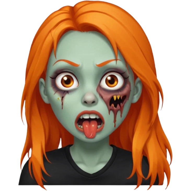 Faça uma zumbi feminina com cabelos longos e laranja, deve estar vestindo uma camisa preta e ter seus olhos castanhos escuro, não esqueça de colocar a sombrancelha da cor do cabelo e faça ela abrir um pouco a boca como um zumbi e adicione um piercing em seu nariz  emoji