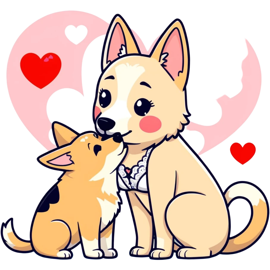 petite blushing subby blonde human woman white lace bikini romance with large German shepherd kissing hearts emoji