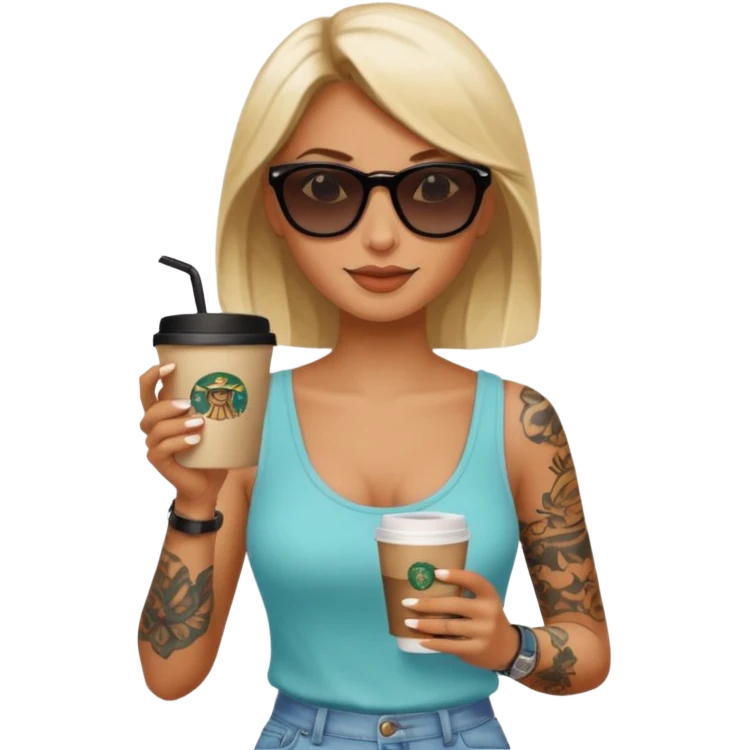 gözlük takan, dövmeli ve elinde kahve tutan, yaz kıyafetli bir kadın emoji
