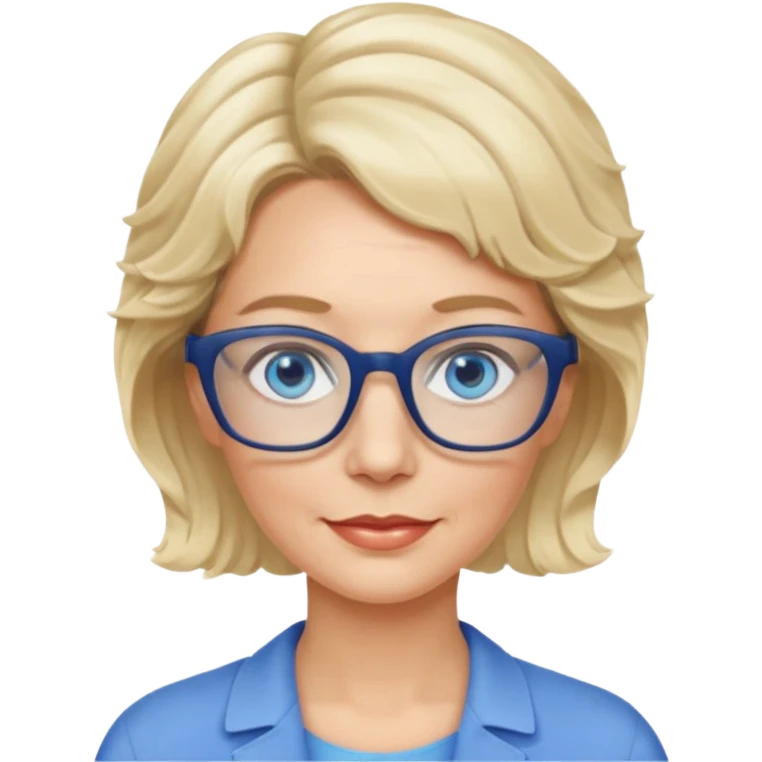 woman 60 very short weavy blonde haire, rectangle glases, blue eyes emoji