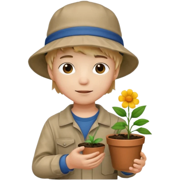 young boy wearing bucket hat, holding a flower pot emoji