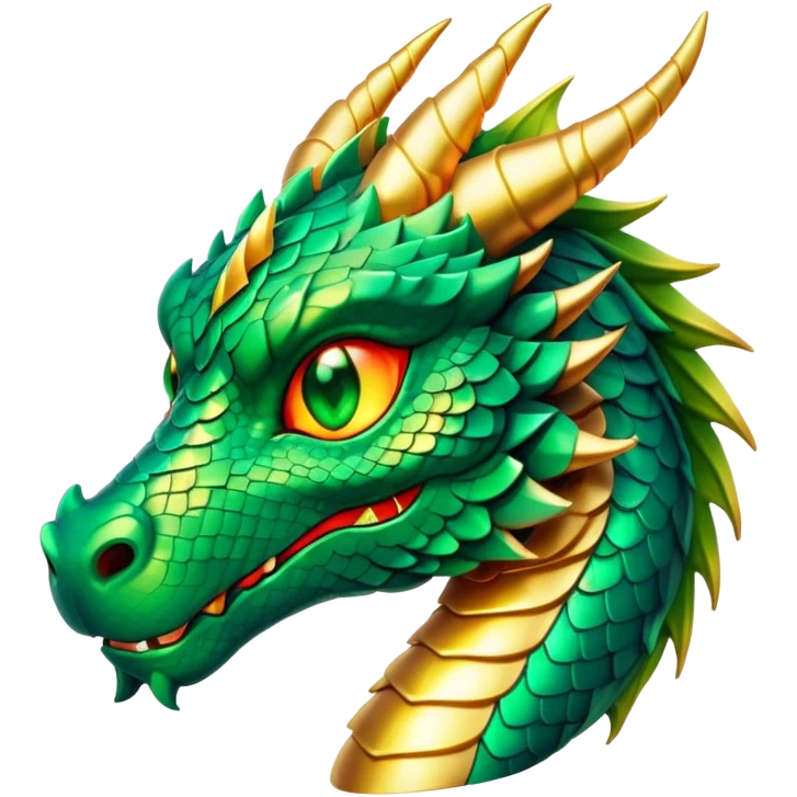 Cinematic Noble Dragon Portrait Emoji, Poised and majestic, with a sinuous, elongated body covered in intricately detailed, shimmering scales in hues of emerald and gold, and piercing, fiery eyes that reflect ancient wisdom; rendered with lifelike texture and natural highlights, high shine, intelligent and formidable, styled with an aura of mythic power, focused and attentive, soft glowing outline, capturing the essence of a legendary dragon that appears ready to soar out of the screen with timeless authority! emoji
