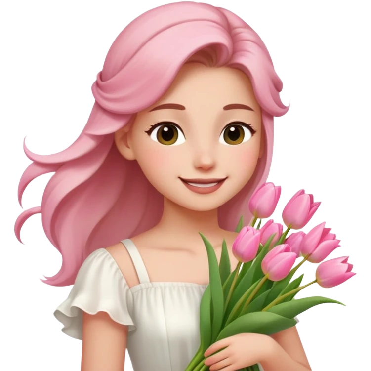  A girl Squint your eyes and smile with a half-up half-down hairstyle, and a white dress, enjoying the spring breeze.Holding a bundle of pink tulips emoji