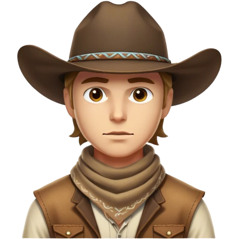 Clash of Clans aesthetic friendly Cowboy Portrait Emoji, With a rugged yet stylized build wearing a classic wide-brimmed hat and bandana, his face rendered in a natural skin tone (not yellow), determined eyes and a steely gaze, Simplified yet dynamic features, highly detailed, glowing with a warm, sunlit frontier radiance, high shine, brave and spirited, stylized with an air of Wild West heroism, focused and ready, soft glowing outline, capturing the essence of a fearless cowboy adventurer ready to ride into epic quests! emoji