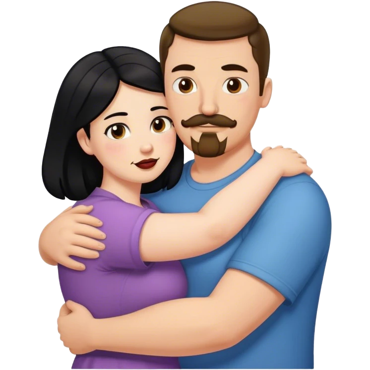 Tall strong white man with brown mustache goatee hugging a chubby short pale woman with long black hair emoji