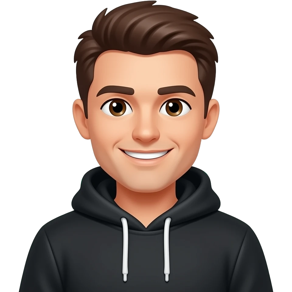 friendly and inspiring male forex trader mascot, mid 20s, black hoodie, head & shoulder emoji
