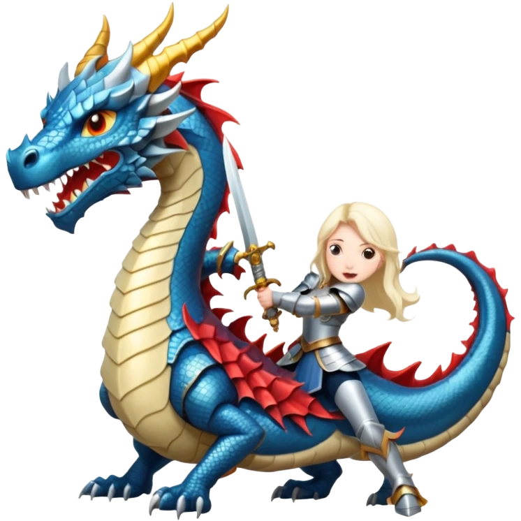 a fierce girl in armor sword fighting a dragon emoji
