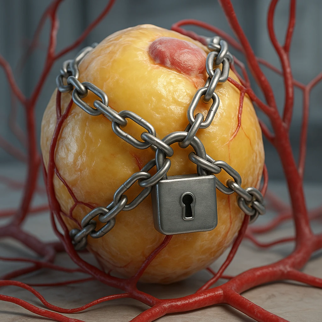 adipocyte with visible capillaries locked by chains and padlock, hyper realistic 4K, anatomical details, clinical atmosphere emoji