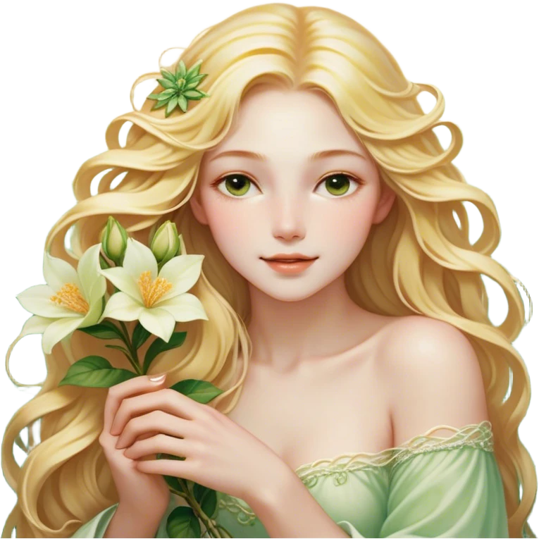 Cinematic Realistic Rapunzel Portrait, with porcelain-like skin featuring a subtle, natural glow, illuminated by soft lighting that brings out the gentle contours of her face. Her long, golden blonde hair cascades in detailed waves, each strand highlighted with a radiant shimmer as it catches the light. She playfully holds a flower in one hand, her other hand resting casually in her lap, with a warm and spirited expression. Her bright, expressive green eyes exude curiosity and warmth, framed by delicate lashes and soft, arched brows. She is dressed in her classic lavender and pink gown, the fabric textured with delicate folds that flow naturally, catching the light with a soft, radiant glow. The portrait captures a luminous, enchanting aura, seamlessly blending realism with a whimsical, fairytale charm, evoking a timeless sense of beauty and magic. emoji