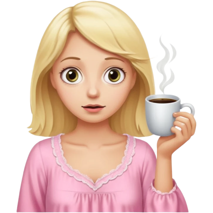 A blonde woman in a pink nightgown with wide eyes looks for coffee. emoji