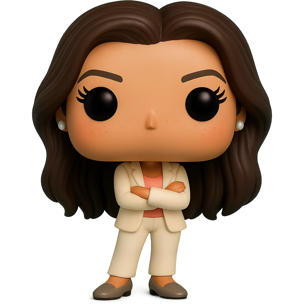 Create a Funko Pop style vinyl figure of Eva Longoria with superior quality, luminous smooth tanned skin, detailed dark hair, textured cream blazer, peach top, cream bottoms, small pearly earrings, greige leather loafers clearly visible, arms crossed, rosy cheeks, very discreet freckles, eyelashes, mischievous and cheerful expression, no mouth, transparent background. emoji