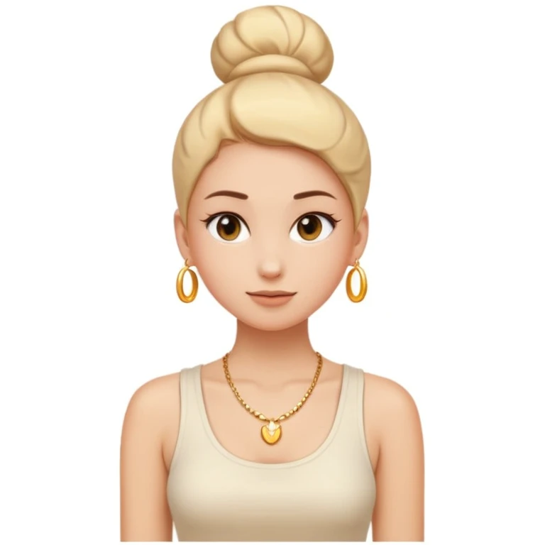 clean girl aesthetic emoji, minimalist outfit white tank top, gold necklace, slick bun, glowing skin, soft beige background emoji