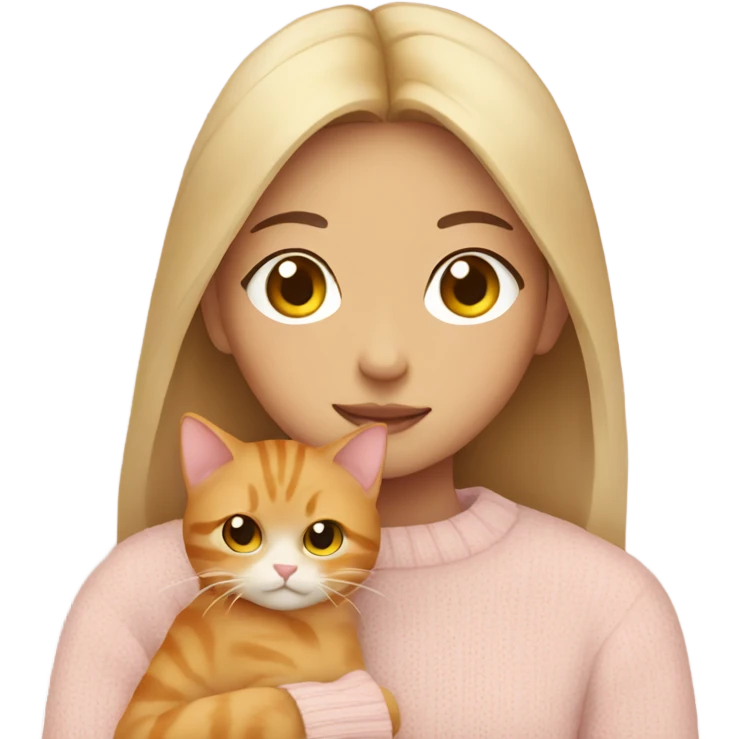 asian girl wearing a pale pink sweater  holding a ginger cat emoji