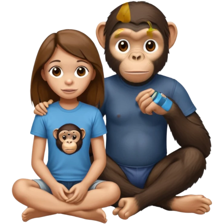 un chiomapnze sentado en el suelao al lado de una chica emoji