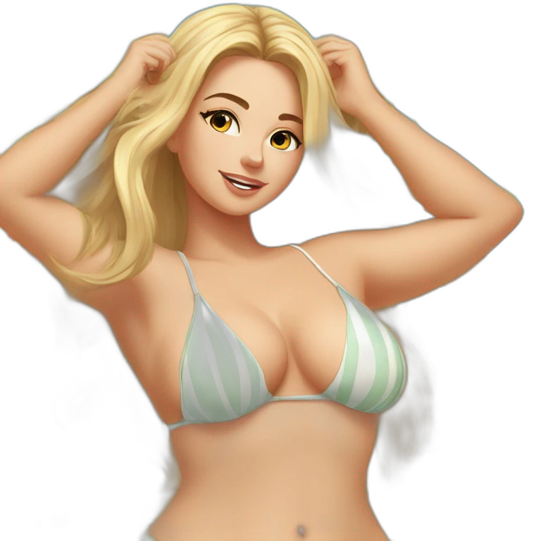 Slim-thicc Caucasian woman bikini hands-in-hair pose (beach body) full body emoji