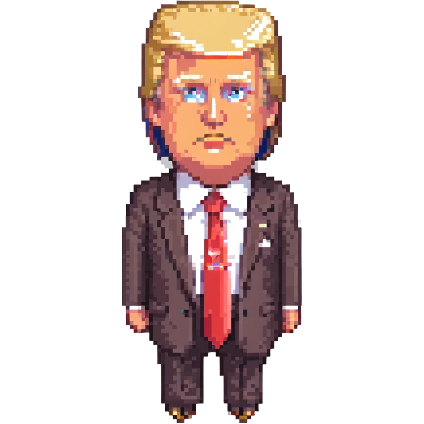 pixel art of Donald Trump, with a red tie emoji
