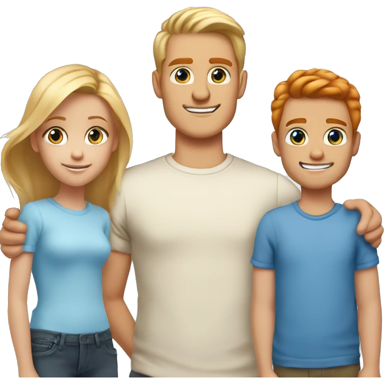 Father blond hair and hazel eyes, twin dadaughters blonde hair and hazel eyes, 15 year old son red hair, blue eyes and baby boy red hair and blue eyes emoji