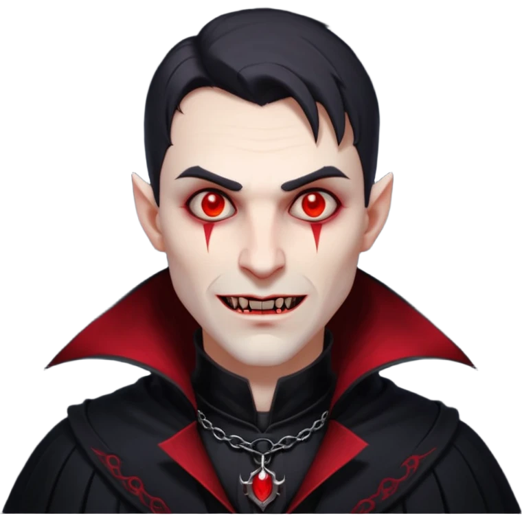 vampire village folk portrait, head and shoulders only, dark cloak collar, sharp fangs, red glowing eyes, gothic vibe, 3D cartoon, mobile game icon style, clean background, no text, no watermark

 emoji